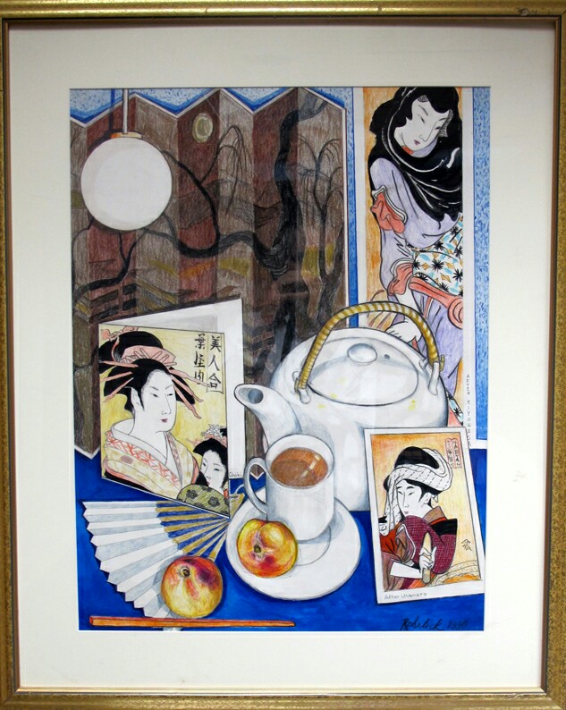 075 _Teapot &amp; Japanese Screen_, 27_ x 32_ (framed), acrylics &amp; colored pencils on paper